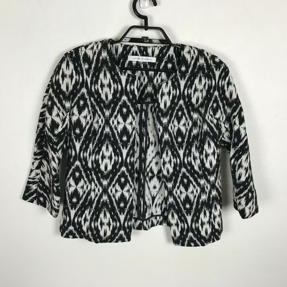 Peter Nygard Lightweight Blazer‎ Ikat Print 3/4 Sleeve Size 6 Black White Womens